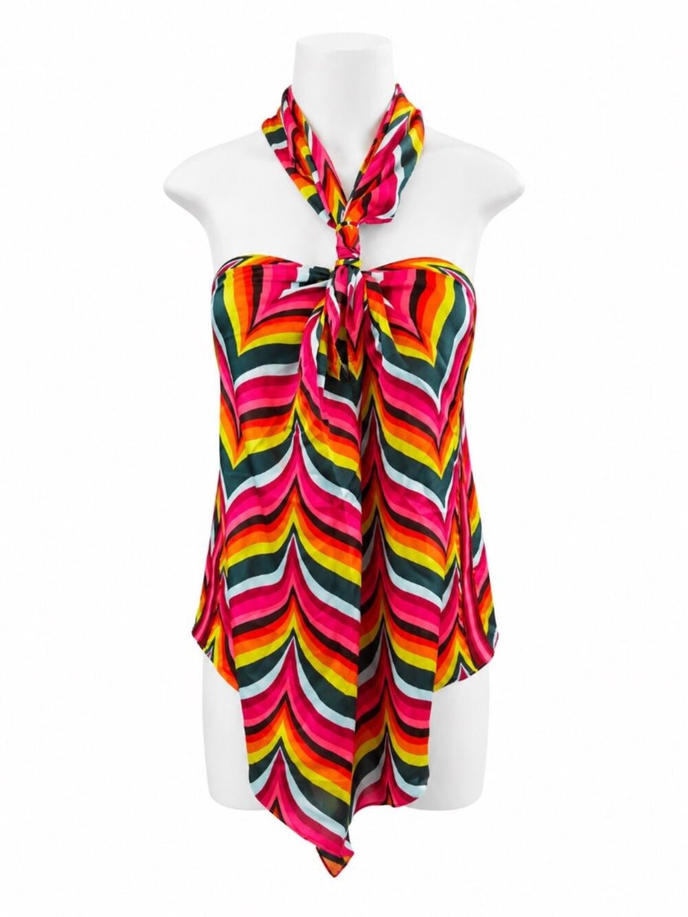 Trina Turk Multicolor Chevron Marine 3 Top Satin Halter Neck L